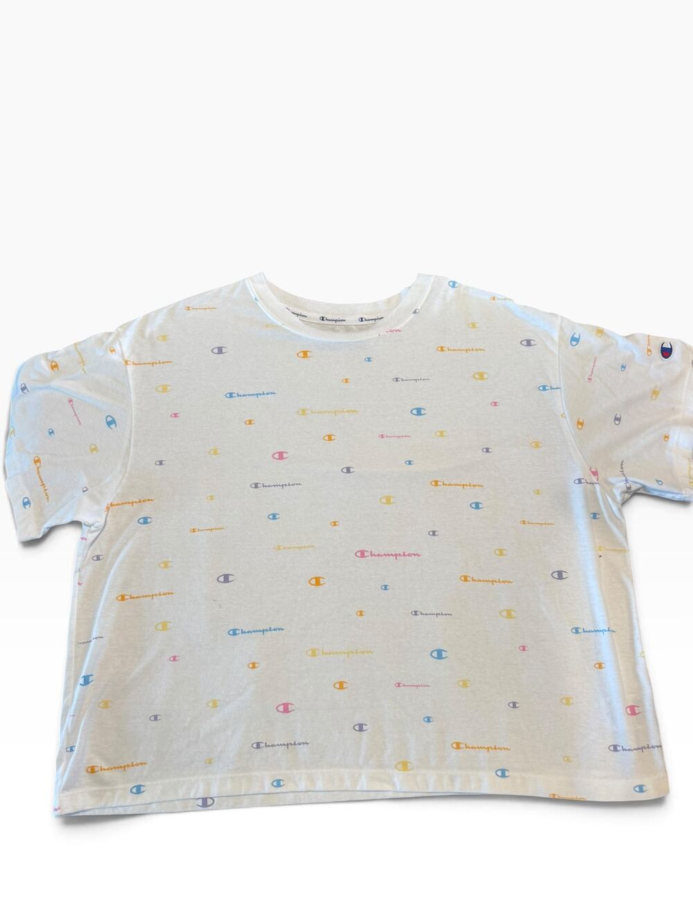 Champion Women’s XL White All Over Logo Print T-Shirt Multicolor Spellout
